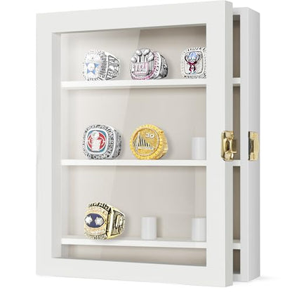 TJ.MOREE Championship Ring Display Case, 9 Ring Posts Baseball Ring Display Case, 8 x 10 Wall Mount Wooden Glass Shadow Box with Locks to Show Sport, Class, Fraternity, and Award Rings - White - color: 9 Posts-white-rectangle