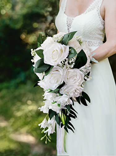 9 Inch Cascading Waterfall Wedding Bouquet for Bride & Bridesmaids, Artificial Rose Flowers Rustic Romantic Tossing Bouquet for Ceremony (White)