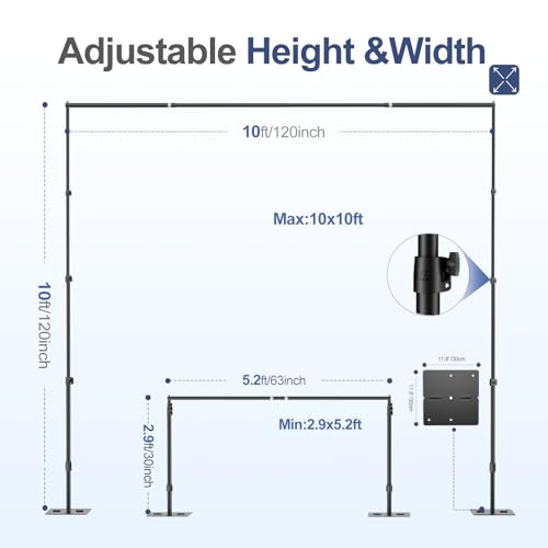 EMART Backdrop Stand,10x10ft(WxH) Adjustable Photo Background Stand with Upgrade Rod,Heavy Duty Flat Base,Metal Pipe and Drape Frame for Wedding,Birthday Party,Event Decorations,Trade Displays - size: 10x10ft
