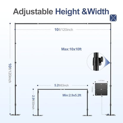 EMART Backdrop Stand,10x10ft(WxH) Adjustable Photo Background Stand with Upgrade Rod,Heavy Duty Flat Base,Metal Pipe and Drape Frame for Wedding,Birthday Party,Event Decorations,Trade Displays - size: 10x10ft