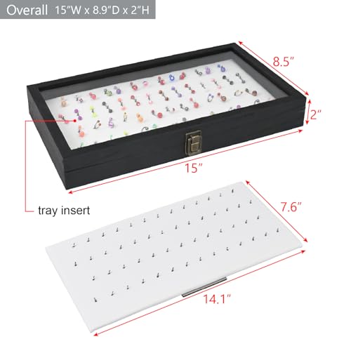MOOCA Temper Glass Top Jewelry Display Case with Tempered Glass Lid and 54 Clip Body Jewelry Display Pad for Belly Button Rings, Tongue Rings, and Industrial Barbell Organizer, Black Tray-White Pad - color: White Pad with Black Wood Case