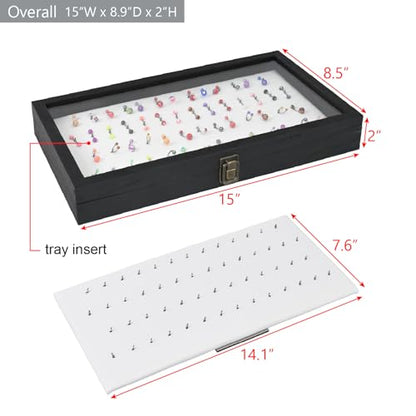 MOOCA Temper Glass Top Jewelry Display Case with Tempered Glass Lid and 54 Clip Body Jewelry Display Pad for Belly Button Rings, Tongue Rings, and Industrial Barbell Organizer, Black Tray-White Pad - color: White Pad with Black Wood Case