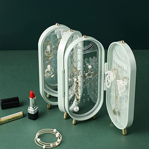 Foldable Earring Holder Jewelry Organizer Box with Mirror, 4-Layer Dustproof Earring Necklace Display Stand Jewelry Box with 153 Holes for Women and Girls, Gifts for Girl (Light Green) - color: Light Green