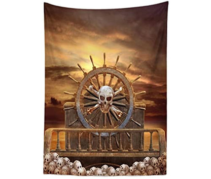 BELECO 3x5ft Fabric Pirate Backdrop - Halloween Decorations with Steering Wheel, Skulls, Gloomy Sky - Photography Background & Props for Kids & Adult Pirate Theme Party & Event - size: 3x5FT