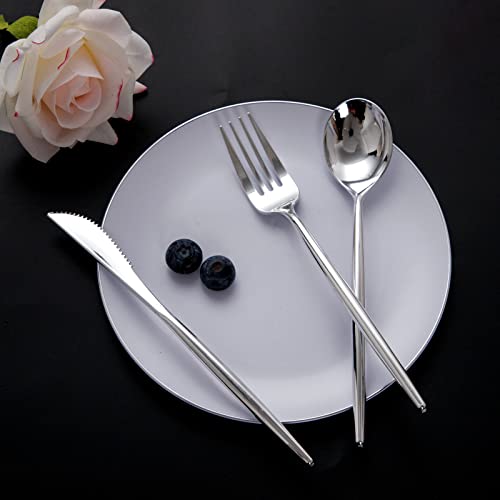 SUT 150Pcs Silver Plastic Silverware, Silver Disposable Cutlery, Heavy Duty Disposable Silverware, Plastic Utensils Include 50 Plastic Forks, 50 Plastic Spoons, 50 Plastic Knives - style: Silver