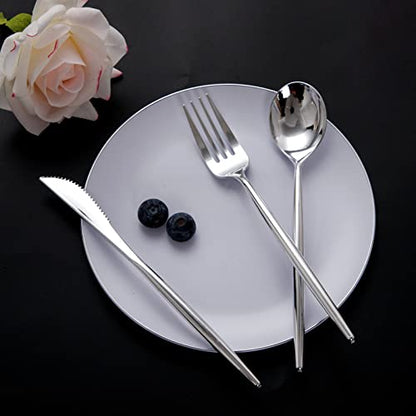 SUT 150Pcs Silver Plastic Silverware, Silver Disposable Cutlery, Heavy Duty Disposable Silverware, Plastic Utensils Include 50 Plastic Forks, 50 Plastic Spoons, 50 Plastic Knives - style: Silver