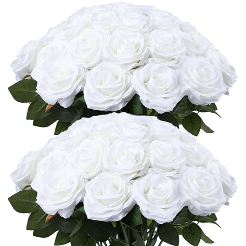 LVEFIT Artificial Rose Flower White Flowers White Roses Silk Flowers 50 pcs with Long Stem Silk Roses Bouquet for Wedding Bridal Shower Party Home Decoration - color: White, size: 50pcs