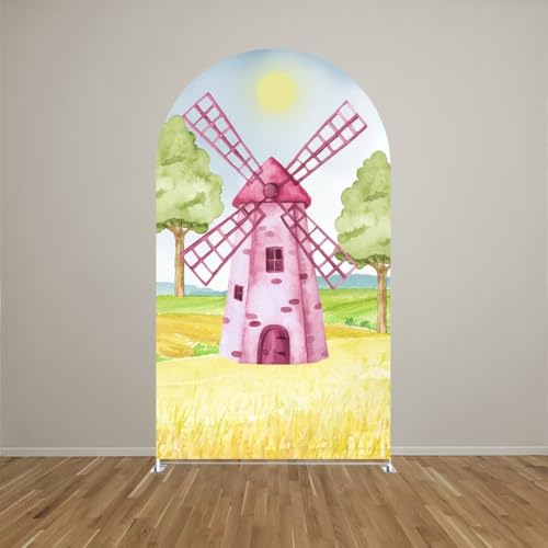 Pink Windmill Arch Backdrop Covers 6x2.6ft(HxW) for Barn Farm Birthday Party Decorations Double-Sided Chiara Arched Stand Fabric Cover Kids Baby Shower Parties Tablecloth Props - color: windmill92, size: 2.6x6ft cover