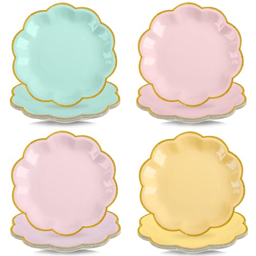 AimFun 48 Pcs Pastel Scalloped Paper Plates 7 Inch Disposable Macaron Colorful Dessert Plates with Gold Edge Gradient Rainbow Party Supplies for Wedding Birthday Baby Shower Bridal Summer Decorations - color: Pastel