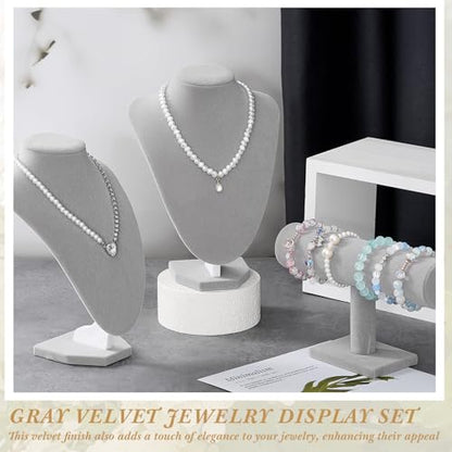 Huquary 6 Pcs Velvet Jewelry Display Set Necklace Display Stand T Bar Bracelet Holder Jewelry Bust for Home Store Trade Show(Gray) - color: Gray