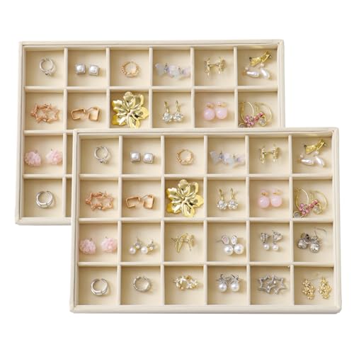 Large Velvet Jewelry Tray 2 Pack Stackable Jewelry Display Drawer Inserts Trays Organizer for Earring Bracelet Necklace Ring (Beige, 24 Grids) - color: Beige, size: 24 Grids
