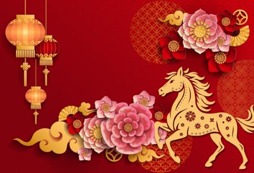 AOFOTO 5x3ft Happy Chinese New Year Backdrop China Spring Festival Lunar Year of The Horse Decoration Banner Paper Cut Flowers CNY Lanterns 2026 Background Party Supplies Photoshoot Studio Props - size: 5x3ft