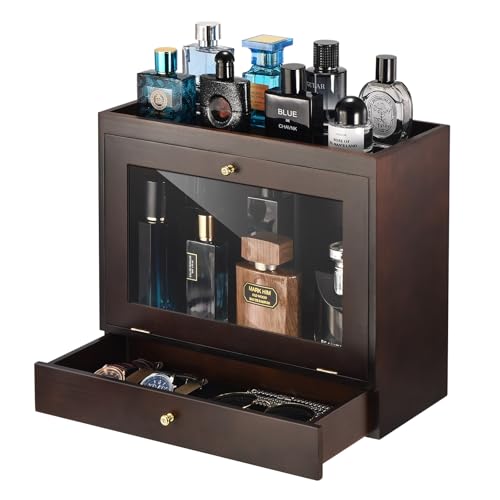 Perfume Organizer for Men, Wood Perfume Display Stand with Velvet Lining Drawer,Capacity Dustproof Perfume Holder for Watch,Jewelry,Perfume Display Risers,A Gift for Men (Walnut) - color: Walnut