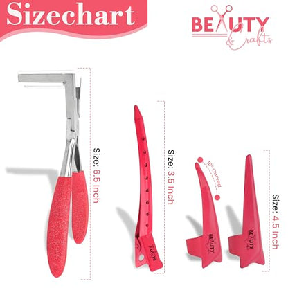 Beauty & Crafts Tape in Hair Extension Tools Kit with Flat Surface Stainless Steel Tape in Hair Extensions Sealing Clamp Plier, 2 Hair Parting Rings, 3 Hair Clips With Leather Pouch (Pink)