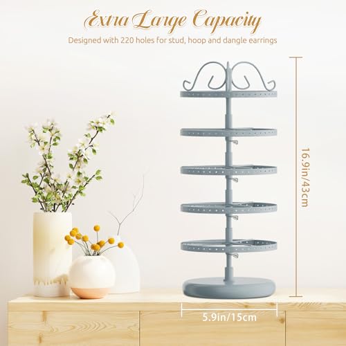 MODOWEY Rotating Earring Holder Organizer Stand, 5 Tier Metal Tree Display for Women Vendors, 220 Holes Adjustable Jewelry rack for Stud Hoop Dangle Storage, Trendy Carousel Keeps Dresser Neat, Gray - color: Gray, size: 5 Tier, 220 Holes