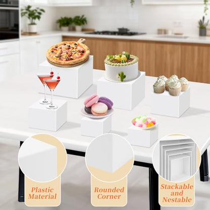Draupnir 6 Pcs Food Risers for Display Party Included Mini Sign and Makers, 5 Sizes Hollow Acrylic Buffet Risers with Bottoms, White Catering Dessert Jewelry Collectibles Boxes(4",4",5",6",7",8")