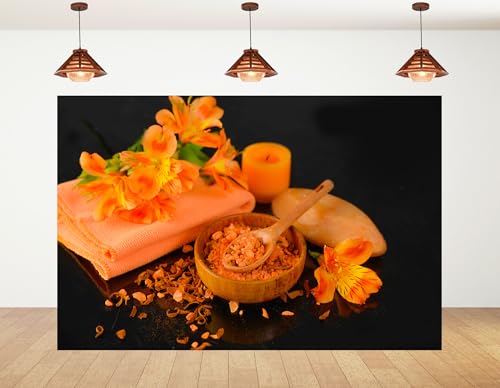 7x7ft Orange Spa Bath Salt Backdrop with Floral Elements and Orange Candle Photography Background for Skincare Relaxation and Summer Party Decorations Banner Photo Booth Props - size: 7x7ft
