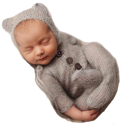 2Pcs Newborn Photography Props Boy Photo Posing Outfits Baby Photoshoots Girl Crochet Bear Hat Romper - color: Grey