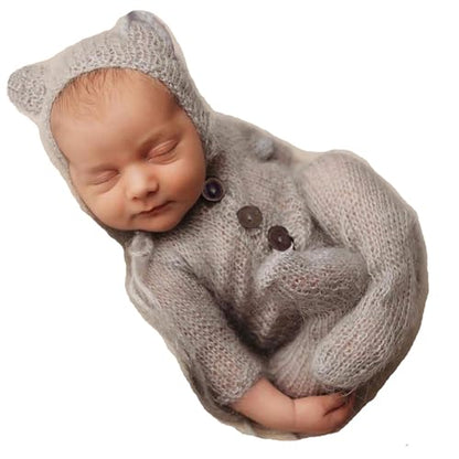 2Pcs Newborn Photography Props Boy Photo Posing Outfits Baby Photoshoots Girl Crochet Bear Hat Romper - color: Grey