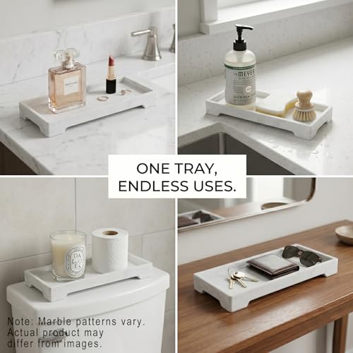Countertop Vanity Tray - Silicone Bathroom Sink Organizer & Kitchen Soap Tray, Footed Anti-Slip Design, Waterproof Caddy for Perfume, Jewelry, Makeup, Bottle, Oil, Sponge Holder, White Marble 10"x4.2" - color: White Marble