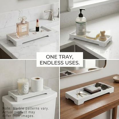 Countertop Vanity Tray - Silicone Bathroom Sink Organizer & Kitchen Soap Tray, Footed Anti-Slip Design, Waterproof Caddy for Perfume, Jewelry, Makeup, Bottle, Oil, Sponge Holder, White Marble 10"x4.2" - color: White Marble