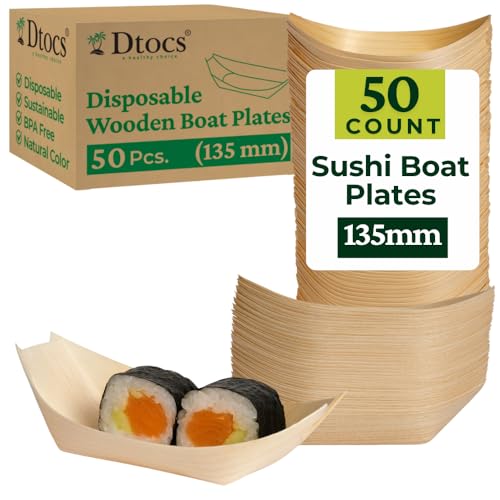 Dtocs 135mm Disposable Wooden Boat Plates 50 Pcs. Biodegradable Wood Serving Boats | Eco-Friendly Food Boats for Sushi, Desserts, Appetizers, Snacks | Alternate to Plastic, Bamboo, Paper Plates - size: 135mm-50 Pcs