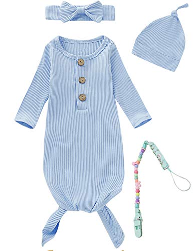 Newborn Cotton Nightgowns Neutral Baby Knotted Sleeper Baby Coming Home Outfit - color: Blue