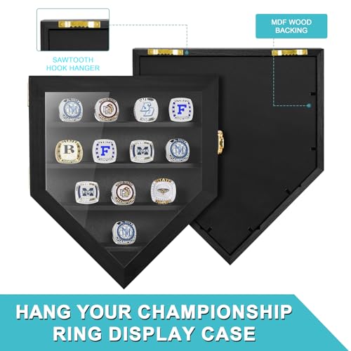 Championship Ring Display Case 12 Ring Posts, Sports Ring Wooden Shadow Box with HD Grass Door 98% UV Protection, Wall Mount Rings Holder for Baseball Basketball Award Rings Champion Souvenirs - size: Sports Ring Display Case-Natural