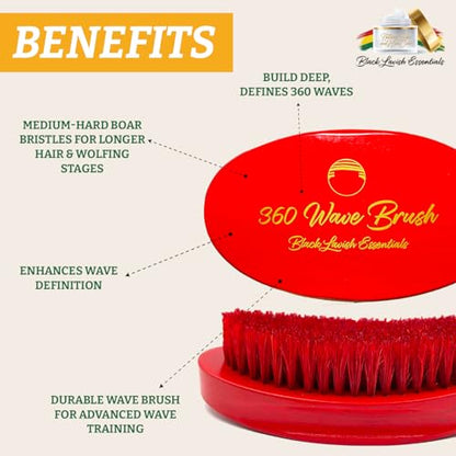 360 Wave Brush, Build Deeper Waves, Soft & Hard Boar Bristle Curved Brushes BLACK LAVISH ESSENTIALS (Medium-Hard Brush, Red) - color: Red, size: Medium-Hard