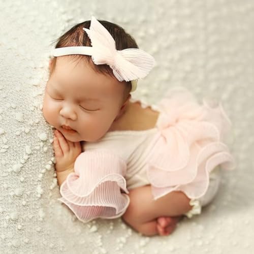 Ylsteed Newborn Photography Outfits Girl Lace Romper with Headband Photo Shoot Outfits Girls Photo Props - Ruffles Beige - color: Beige