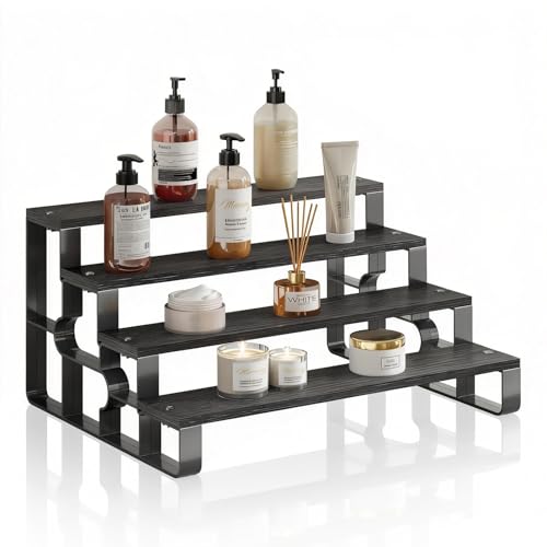 GRELY Waterproof Wooden Perfume Cologne Organizer for Men, 4 Tier 14 Inch Large Capacity Stand with ABS Frame, Anti-Slip for Dresser Bathroom (Black, 4 Tier 14.0") - size: 4 Tier 14.0"