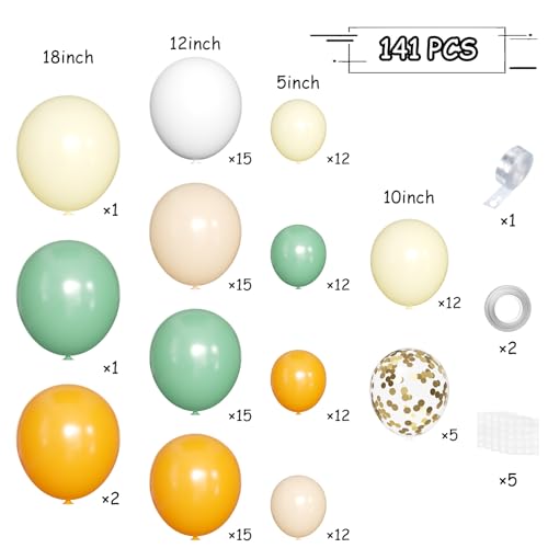 MEBAY Sage Green Orange Balloon Arch Kit, 141Pcs Pea Green Orange Pastel Yellow Sand White and White Latex Balloons for Birthday Wedding Baby Shower Gender Reveal Anniversary - color: 141-green Orange