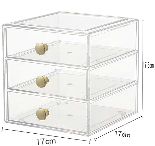 AJIODA Makeup Drawer Organizer Box with 3 Drawers, Acrylic Cosmetic Display Case Vanity Organizer Jewelry Storage Box Stackable Storage for Cosmetics, Skin Care, Bathroom, Countertop, Gold Handle - color: Gold Handle