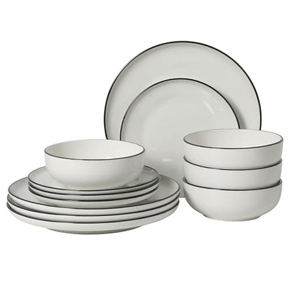 Gibson Home Havenstone 12-Piece Porcelain Dinnerware Set – Dinner Plates, Salad Plates & Bowls, Classic White With Black Rim Everyday Dish Set for Home, Kitchen, Microwave & Dishwasher Safe - color: White w/ Black Rim (Havenstone)