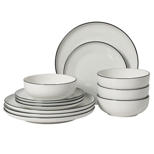 Gibson Home Havenstone 12-Piece Porcelain Dinnerware Set – Dinner Plates, Salad Plates & Bowls, Classic White With Black Rim Everyday Dish Set for Home, Kitchen, Microwave & Dishwasher Safe - color: White w/ Black Rim (Havenstone)