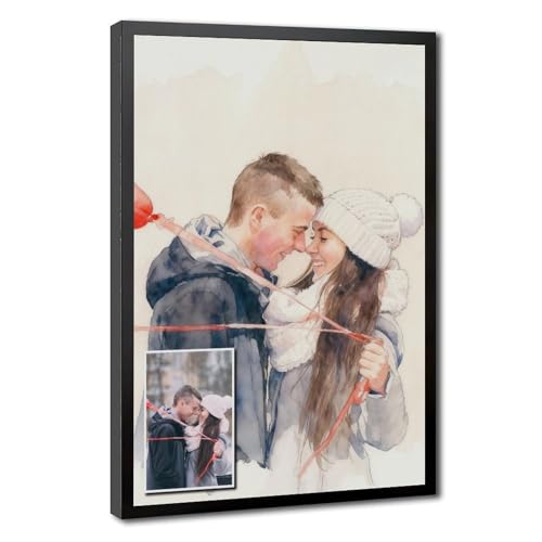 Watercolor Custom Photo Poster on Canvas - Turn Picture into Painting Artwork - Personalized Gift for Him Her Mom Dad - Anniversary Wedding Christmas Wall Decor Black Frame 12" L x 18" W - color: Black Frame, size: 18"L x 12"W