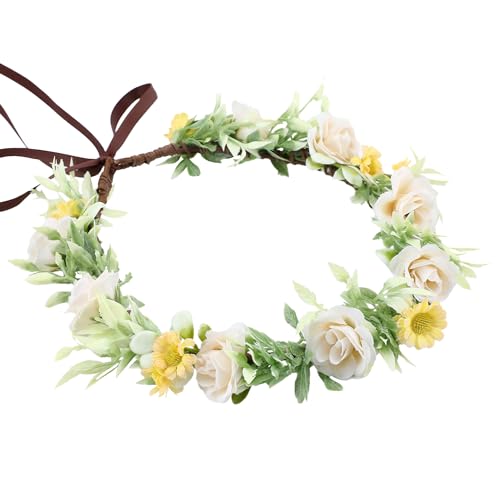 Girls Rose Flower Crown - White Boho Flower Headband Bridal Wreath Popular Floral Headpiece for Women Wedding, Baby Shower, Family Photos and Fancy Gala - color: Yellow White