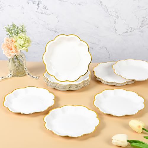 AimFun White Golden Party Plates Gold Foil Dessert Paper Plate 7inch Scalloped Edge Disposable Cake Plates for Tea Party Birthday Bridal Baby Shower Wedding Party Supplies (48, White) - color: White