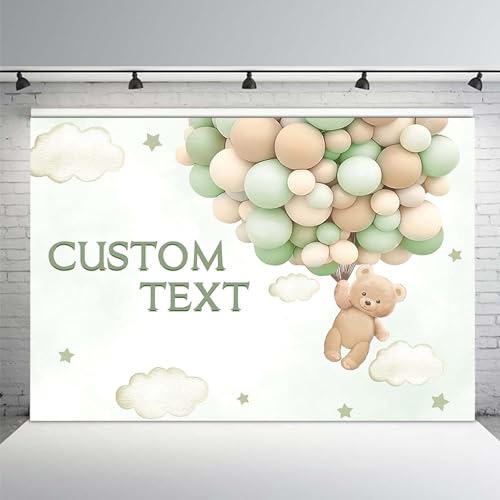 MEHOFOND Custom Bear Baby Shower Backdrop We Can Bearly Wait Baby Shower Party Decorations for Boy Hot Airs Balloons Watercolors Clouds Stars Photography Background Newborn Photo Props (Green) 8x6ft - color: Custom-Green, size: 8x6ft