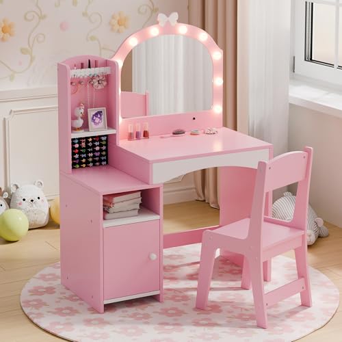 Girls Vanity Table and Chair Set, Kids Vanity with Jewelry Organizer for Princess, Toddler Makeup Vanity Desk with Open Shelf, Closed Cabinet and Butterfly Pattern, Pink - color: Pink