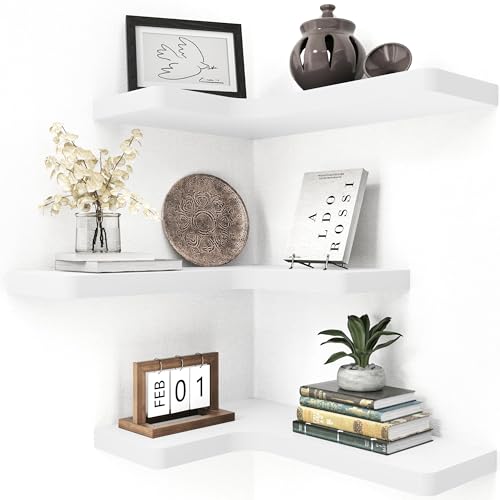 fuqing Corner Floating Shelves, Wall Shelf Set of 3, Shelves for Wall Storage, Solid Wood Shelves for Storage, Wall Mount Wooden Display Shelf for Bathroom Bedroom Kitchen Garage, White - color: Invisible Bracket, White