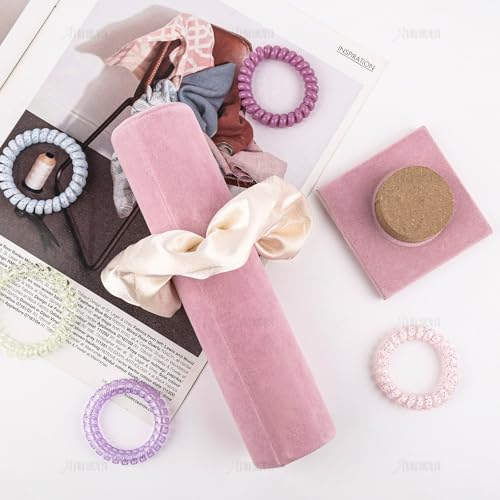 AUEAR, Velvet Vertical Tower Display Bracelet Hair Band T-Bar Holder for Headband Scrunchie (Pink, Square Bottom, 1-Pack)
