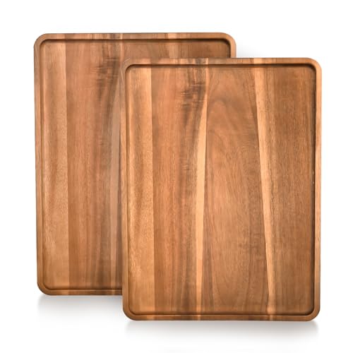 2 Pcs Acacia Wood Serving Tray, Rectangular Wooden Serving Platters Charcuterie Board, Large Wood Kitchen Display Tray for Food, Cookie, Dessert, Fruit, Snack, Vegetable, 16.6" x 12.6" x 0.6" - size: 16.6*12.6 inch