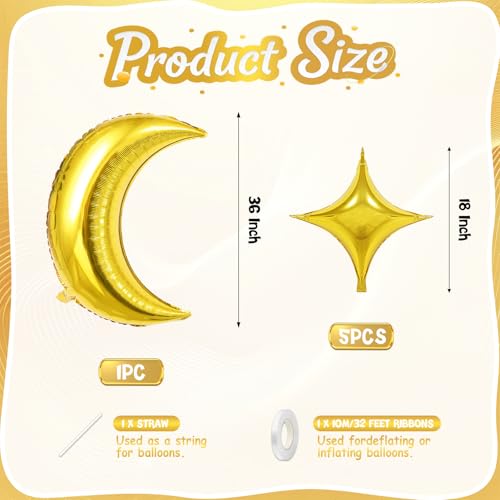 Biapian Moon and Star Balloons, 36 Inch Large Metallic Gold Moon Balloon & 18 Inch Star Foil Balloons for Ramadan Eid Baby Shower Christmas Anniversary Engagement Wedding Birthday Party Decorations - style: Moon Star