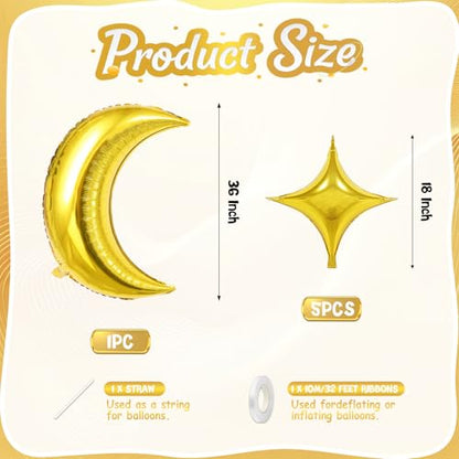 Biapian Moon and Star Balloons, 36 Inch Large Metallic Gold Moon Balloon & 18 Inch Star Foil Balloons for Ramadan Eid Baby Shower Christmas Anniversary Engagement Wedding Birthday Party Decorations - style: Moon Star