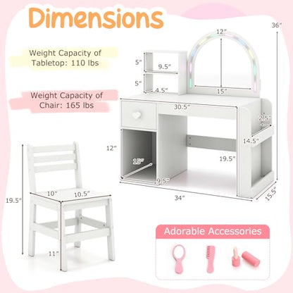 Costzon Kids Vanity, Girls Vanity Set with Lighted Mirror, Bookshelf, Drawer, Storage Cabinet & Shelves, Toddler Makeup Vanity Desk Dressing Table, Wooden Kids Vanity Table and Chair Set (White) - style: White with Bookshelf