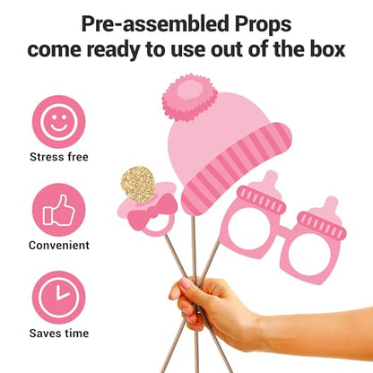 Fully Assembled Baby Shower Photo Booth Props - Set of 30 - Girl Baby Shower Selfie Signs - Pink Party Supplies & Decorations - with Real Gold Glitter - Did We Mention No DIY