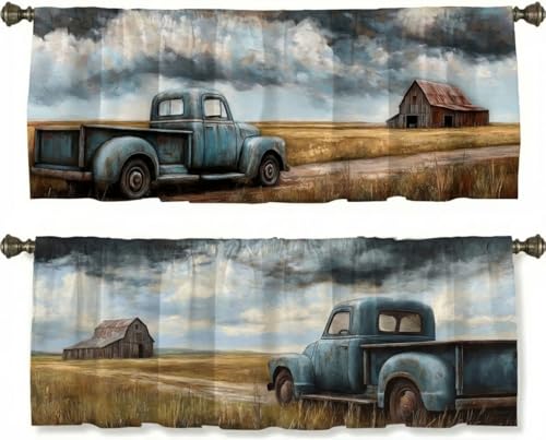 Vintage Truck Curtain, Two-Pack, Rustic Barn Storm Sky Prairie,Applicable to Bathroom, Bedroom, 54x18 inches. - color: Vintage Truck