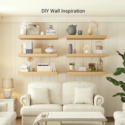 Heimlove 24 x 12 Inch Deep Floating Shelves Wall Mounted with Invisible Brackets,Storage Hanging Shelf for Wall Decor in Bathroom, Bedroom, Toilet, Kitchen, Living Room, Office Set of 1 (Oak) - color: Oak, size: 24"W x 12"D x 2"H, Set of 1