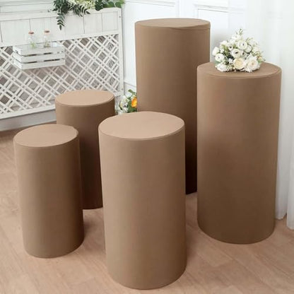 Efavormart Set of 5 | Taupe Spandex Cylinder Plinth Display Box Stand Covers, Stretchable Pedestal Pillar Prop Covers - 160 GSM - color: Taupe, size: Spandex Cylinder Covers